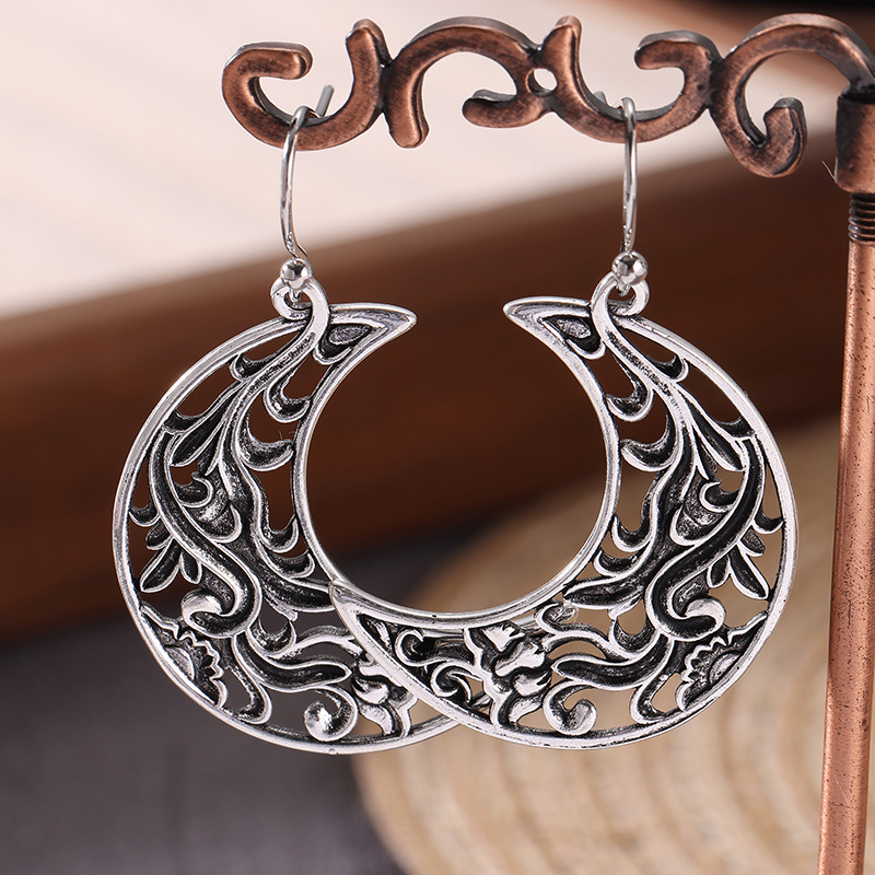 Bohemian Engraved Crescent-Shaped Hollow Drop Earrings, Gift Idea